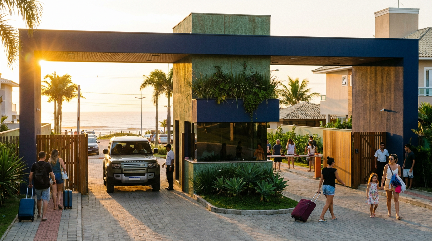 Chegada de hóspedes na portaria do condomínio de praia