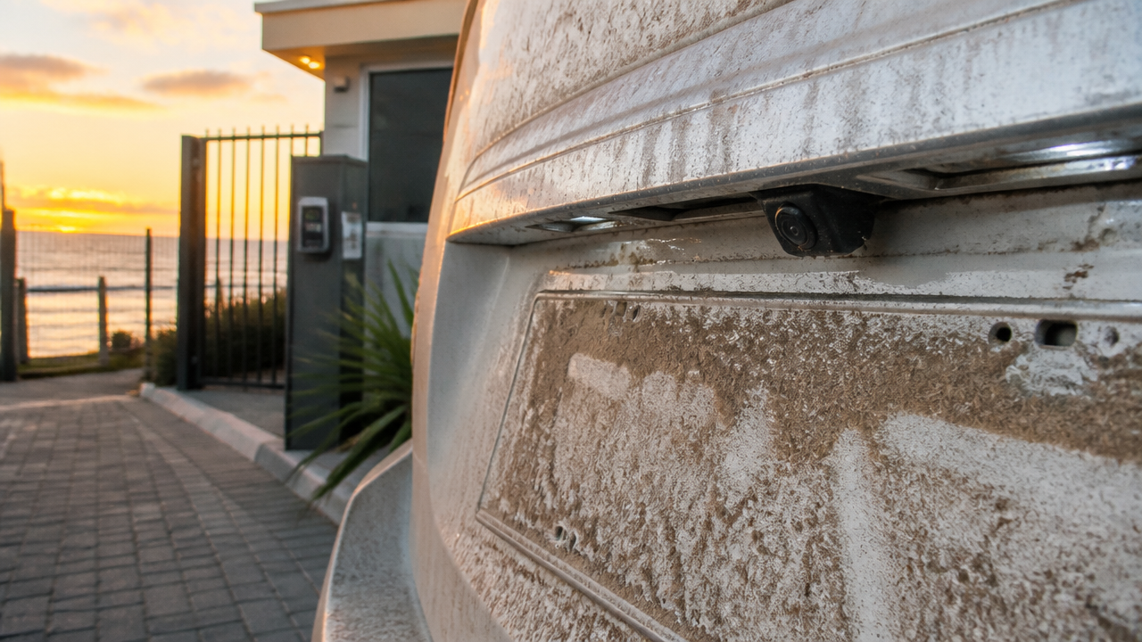 Placa de carro suja de areia na entrada de um condomínio no litoral