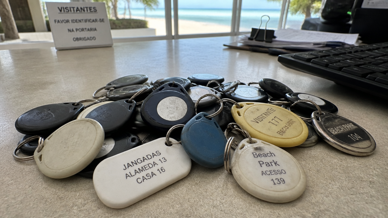 Tags de acesso de condomínio acumuladas sobre a mesa da administração